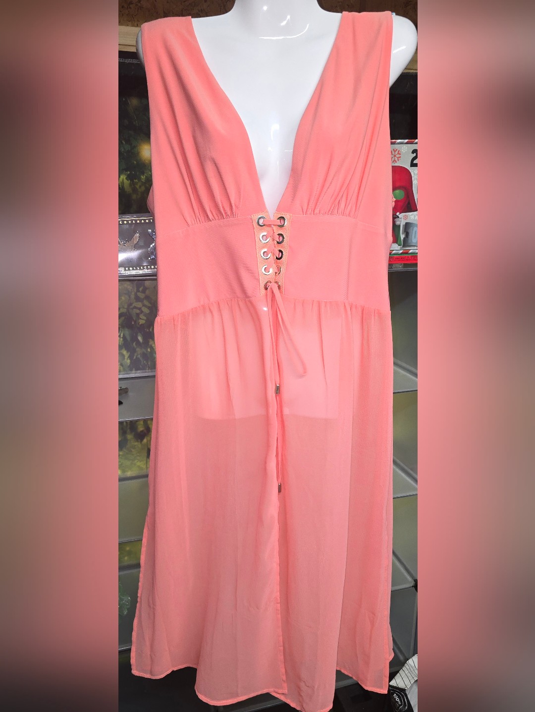 #98 Venus Coral Lace-Up V-Neck Dress Top